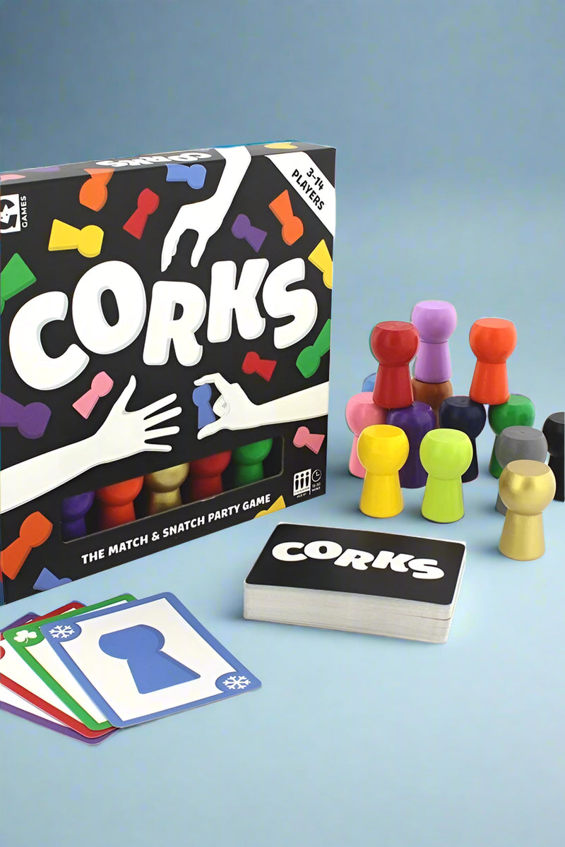 A card game that requires you to get a cork before your opponents. Speed and skill are required. Game for 6 years+ and 3-14 players.