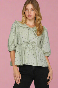 Polka Dot Print Collar Top - Slate