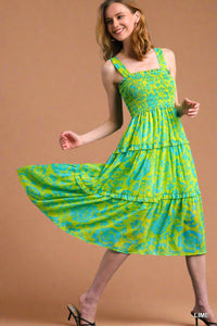 Metallic Tiered Floral Dress - Lime