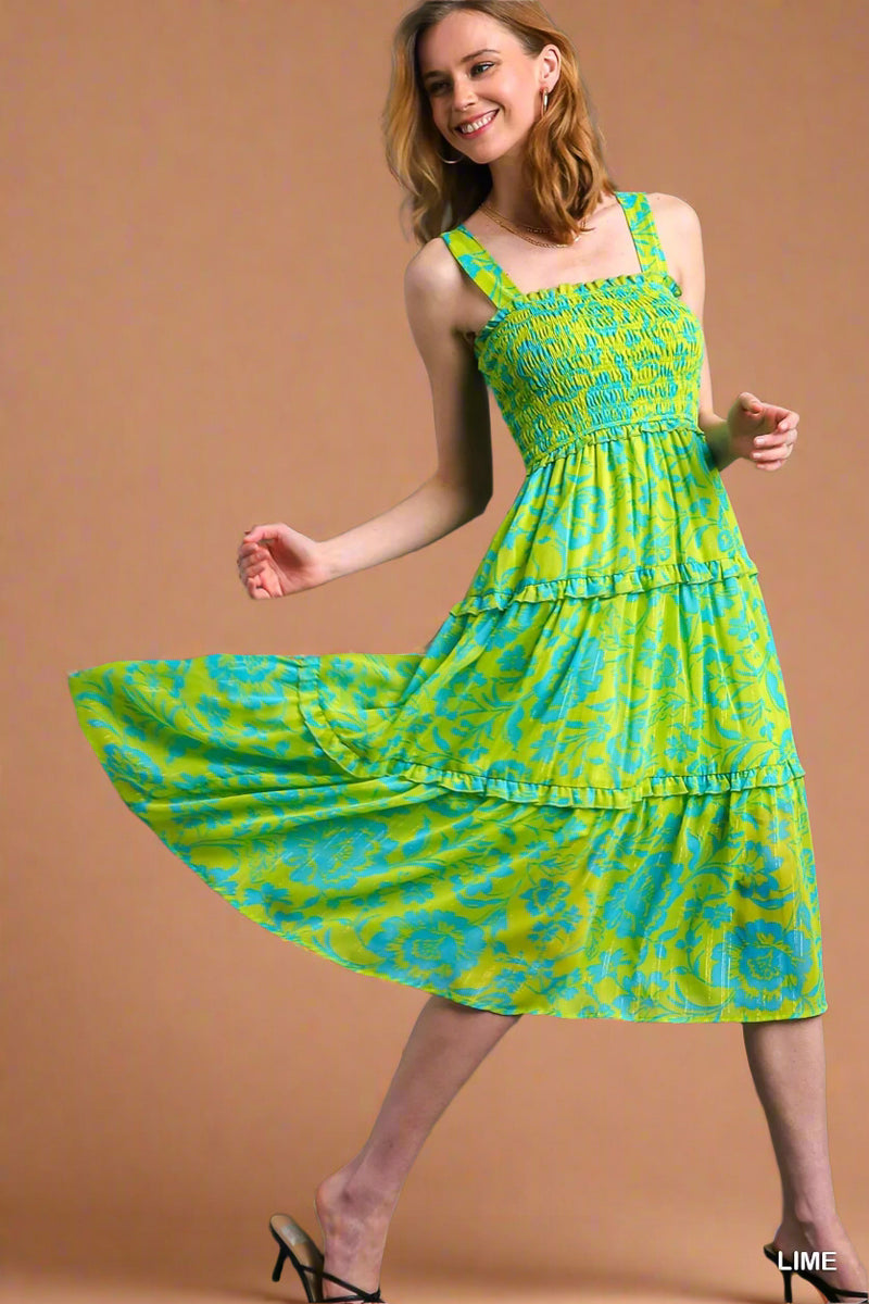 Metallic Tiered Floral Dress - Lime