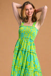 Metallic Tiered Floral Dress - Lime