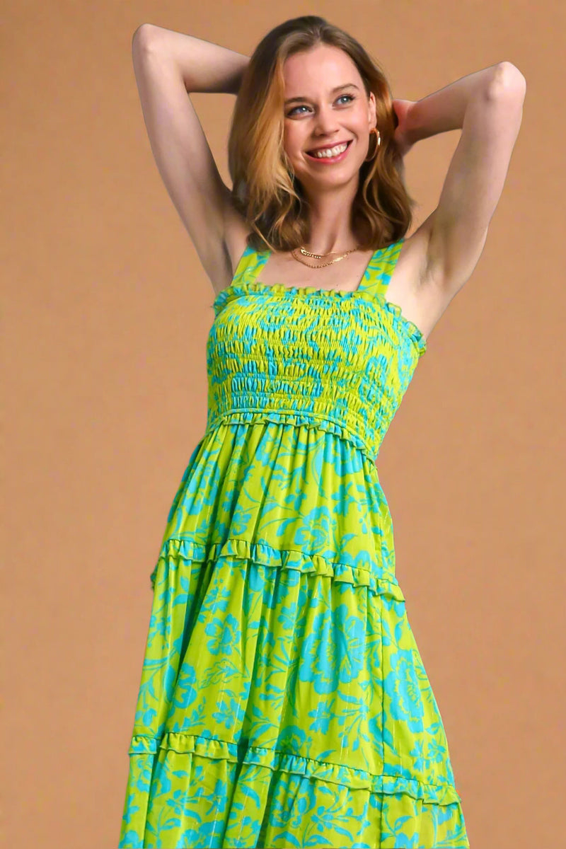 Metallic Tiered Floral Dress - Lime