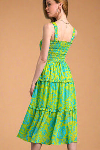Metallic Tiered Floral Dress - Lime