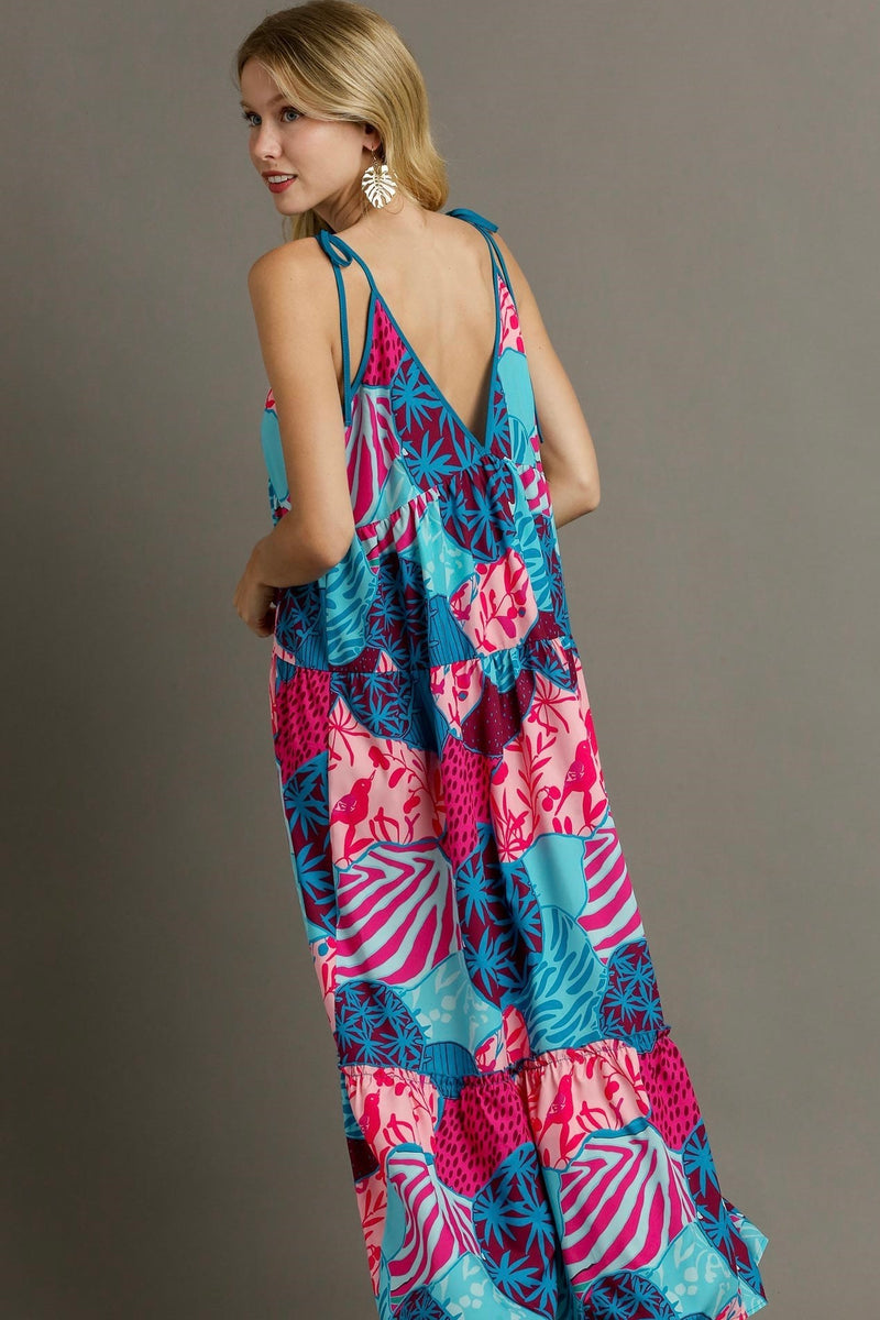 Mixed Print Spaghetti Tie Strap Dress Teal
