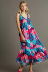 Mixed Print Spaghetti Tie Strap Dress Teal