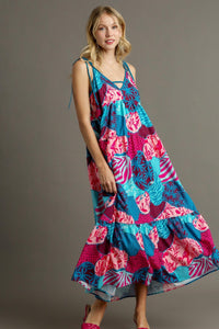 Mixed Print Spaghetti Tie Strap Dress Teal