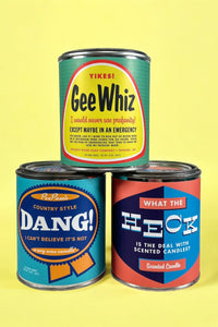 3 different scented 12 ounce candles in mini vintage style paint cans. Each “paint can” has an old-time saying printed on it.