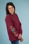 Floral Embroidered Sleeve Mineral Wash Knit Top Wine