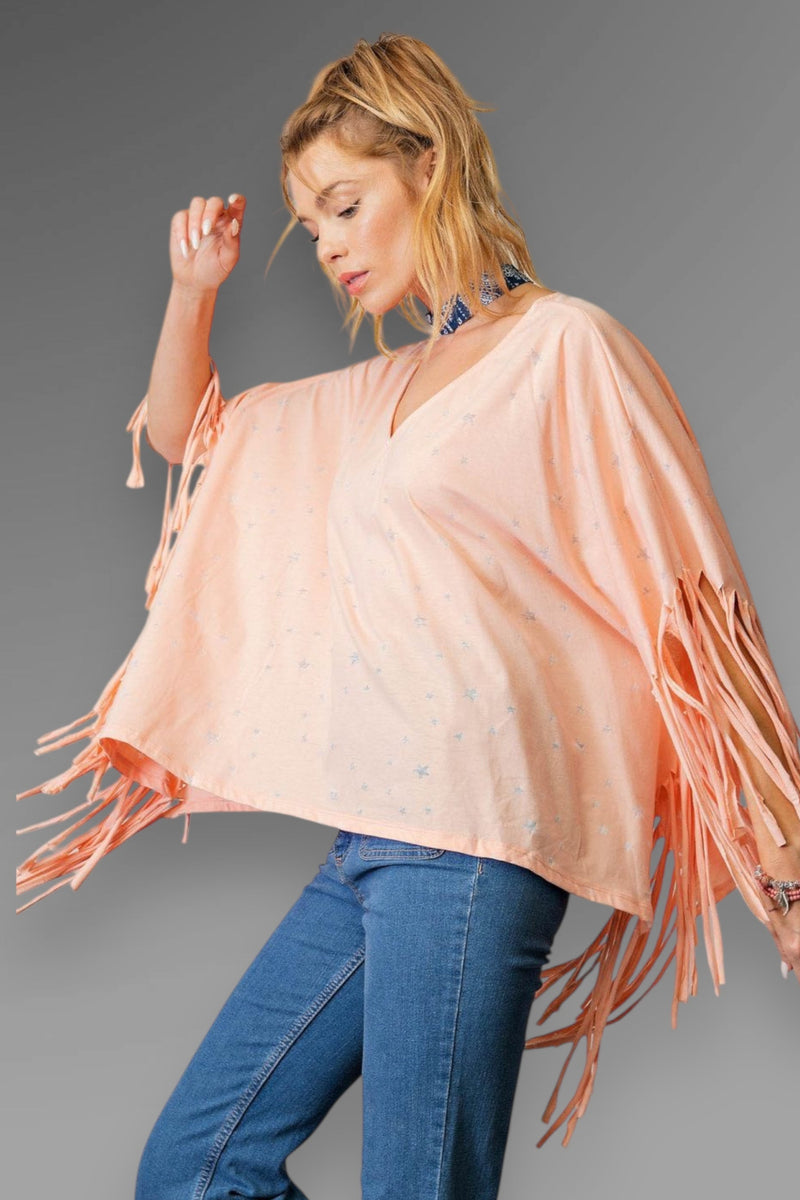 Fringe Star Print Poncho Top - Peach