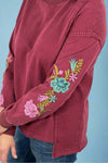 Floral Embroidered Sleeve Mineral Wash Knit Top Wine