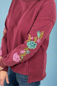 Floral Embroidered Sleeve Mineral Wash Knit Top Wine