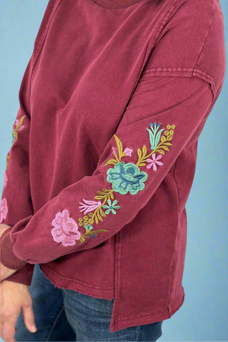 Floral Embroidered Sleeve Mineral Wash Knit Top Wine