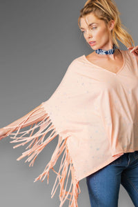Fringe Star Print Poncho Top - Peach