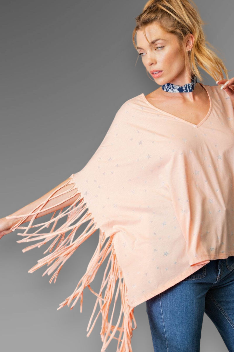 Fringe Star Print Poncho Top - Peach