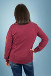 Floral Embroidered Sleeve Mineral Wash Knit Top Wine