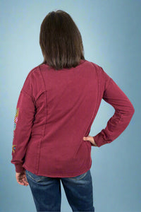 Floral Embroidered Sleeve Mineral Wash Knit Top Wine