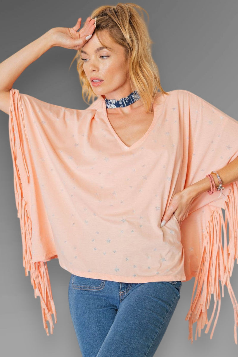 Fringe Star Print Poncho Top - Peach