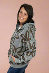 Washed Floral Print Zip Up Hoodie Faded Denim