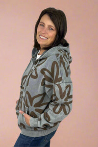 Washed Floral Print Zip Up Hoodie Faded Denim