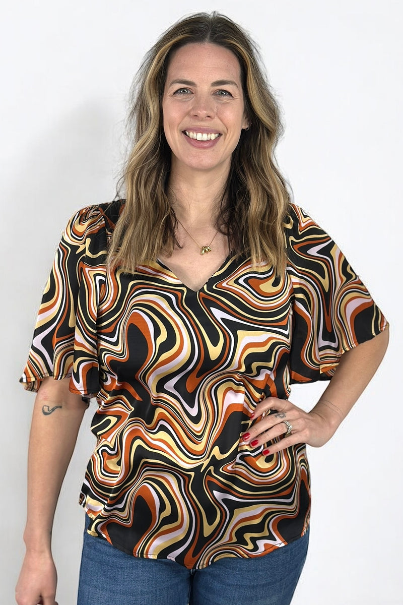 Swirl Print Loose Top Brown