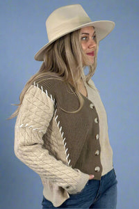 Multi Textured Color Block Sweater Cardigan Mocha