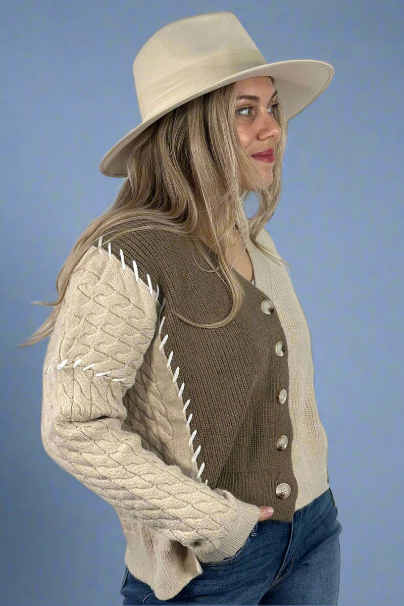 Multi Textured Color Block Sweater Cardigan Mocha
