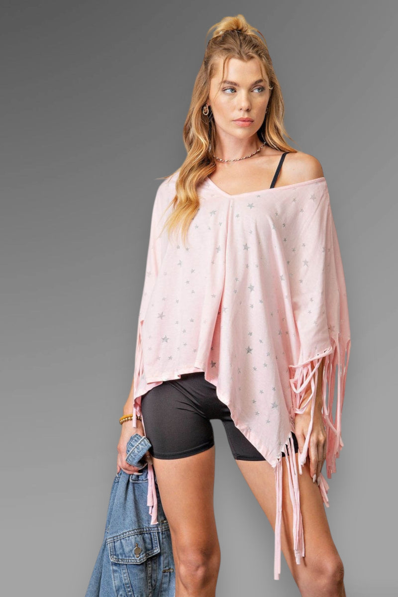 Fringe Star Print Poncho Top - Pink