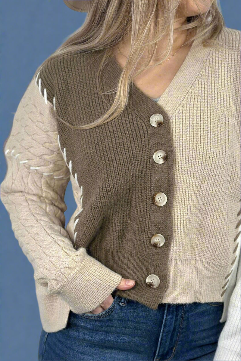 Multi Textured Color Block Sweater Cardigan Mocha