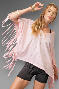 Fringe Star Print Poncho Top - Pink