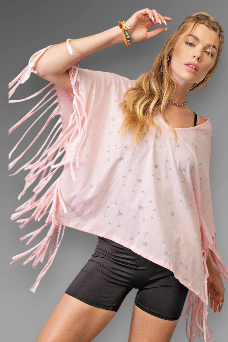 Fringe Star Print Poncho Top - Pink