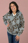 Washed Floral Print Zip Up Hoodie Faded Denim