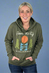 A unisex hooded sweatshirt with kangaroo pocket in olive green featuring an exclusive Door County Wisconsin graphic of geometric trees, sun, and water on the front.