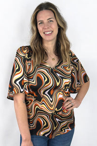 Swirl Print Loose Top Brown