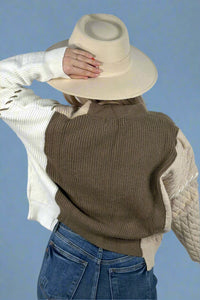 Multi Textured Color Block Sweater Cardigan Mocha