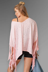 Fringe Star Print Poncho Top - Pink