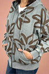 Washed Floral Print Zip Up Hoodie Faded Denim