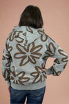 Washed Floral Print Zip Up Hoodie Faded Denim