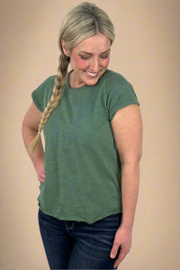Rolled hem and cuff detail classic tee in a deep green color. 