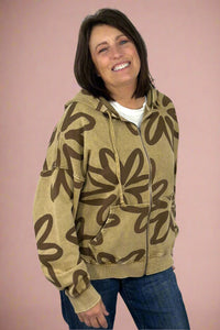 Washed Floral Print Zip Up Hoodie Faded Olive