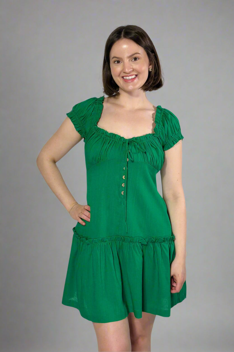 Ruched Short Sleeve Mini Dress - Green