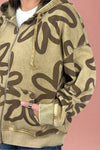 Washed Floral Print Zip Up Hoodie Faded Olive