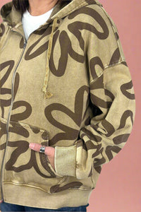 Washed Floral Print Zip Up Hoodie Faded Olive