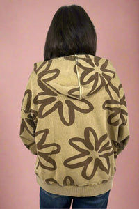 Washed Floral Print Zip Up Hoodie Faded Olive