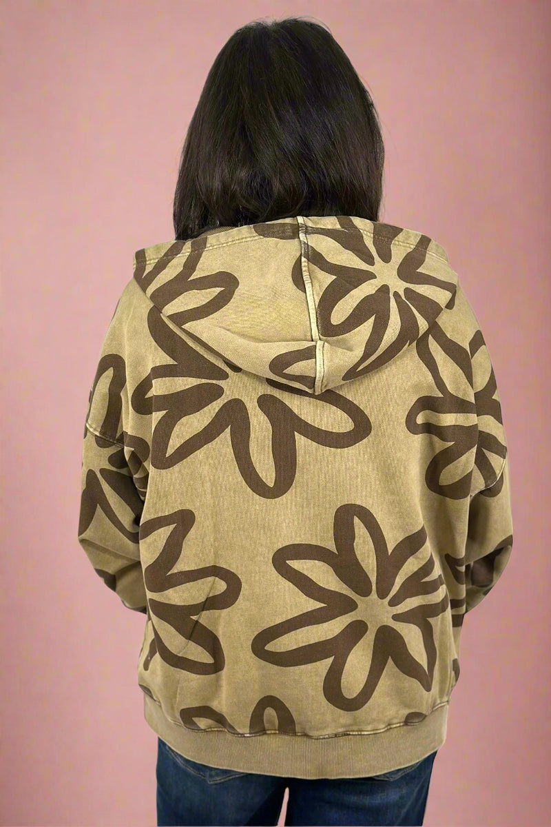 Washed Floral Print Zip Up Hoodie Faded Olive
