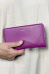 Sophie card wallet snap closure faux leather, sturdy, purple, lots of room.