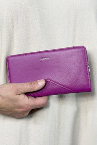 Sophie card wallet snap closure faux leather, sturdy, purple, lots of room.