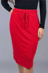 A women’s relaxed fit pencil skirt in red with elastic tie waist and tulip hem.