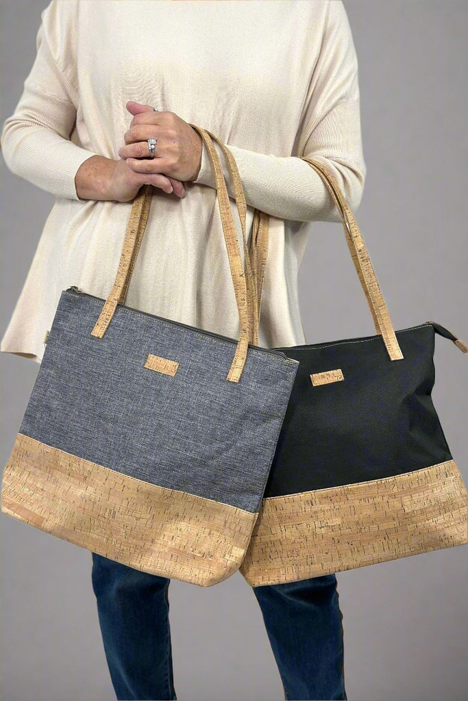 Lightweight tote bags with cork straps and a cork bottom panel for contrast. 