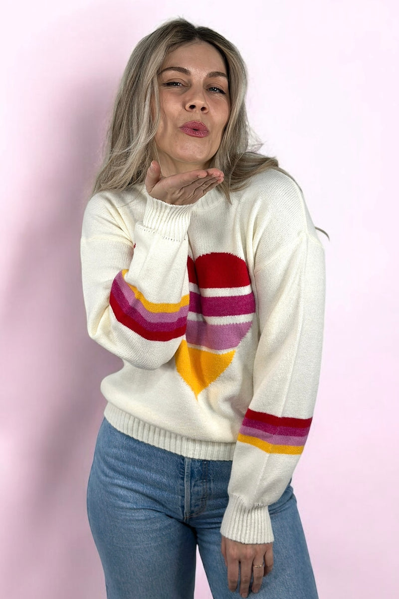 Color Block Heart Sweater Ivory