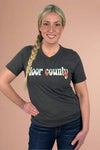 A womens crewneck tee shirt in dark charcoal grey featuring Door County graphic written on front in colorful lower case bubble letters.